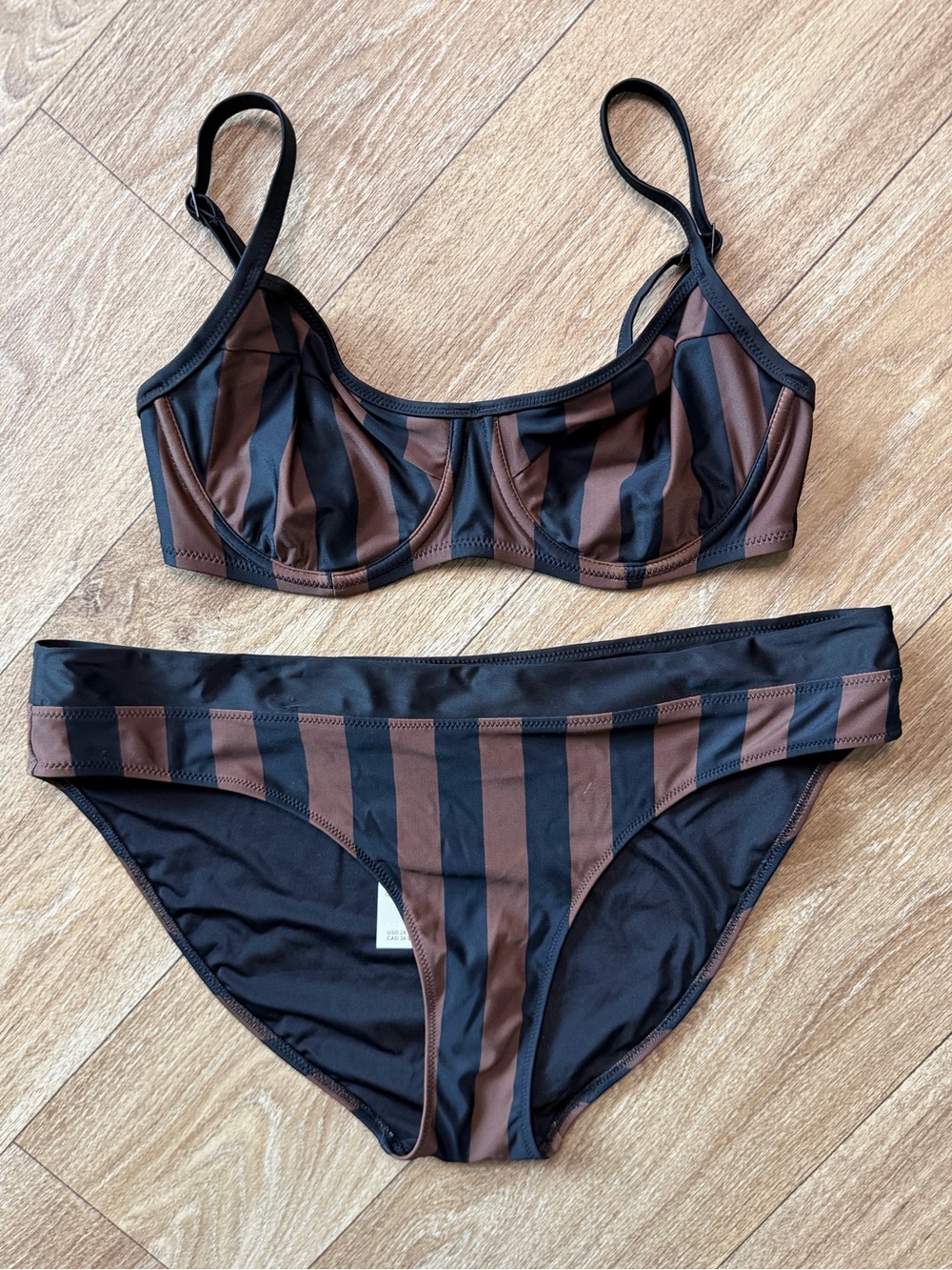 Aerie Real Good Striped Underwire Bikini Set Brown Black 34D XL NWT
